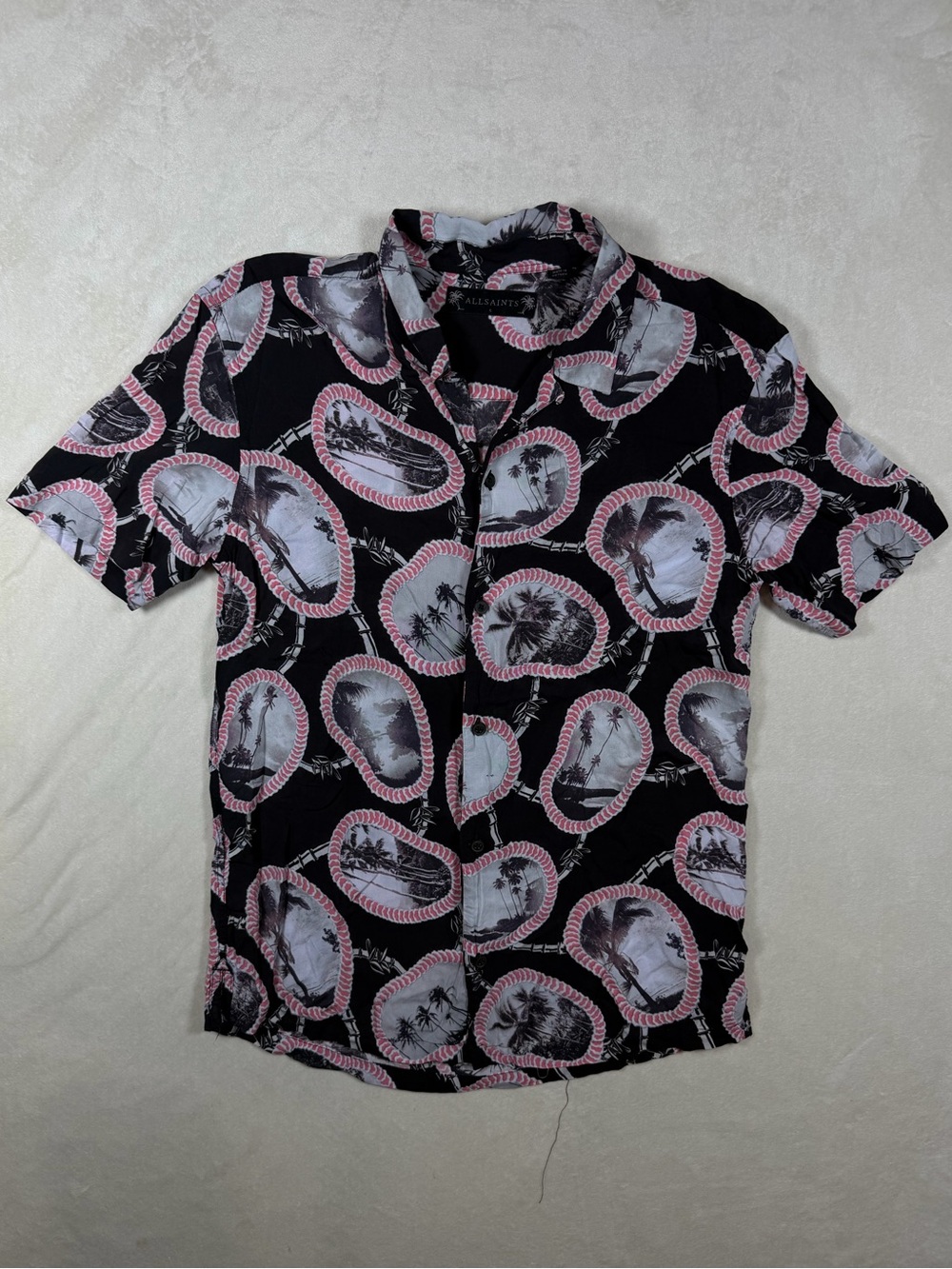 All Saints Black Short-Sleeve Button-Down Shirt with Pink Photo-Frame Prints